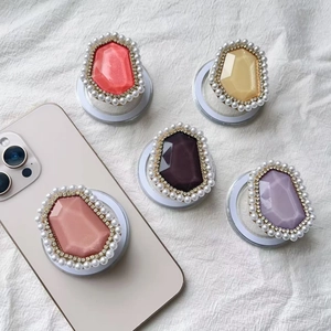 Magnetic Phone Grip Stand Resin Gemstone Rhinestone Artificial Pearl Folding Telescopic Elegant Accessory For Magnetic Phone Case