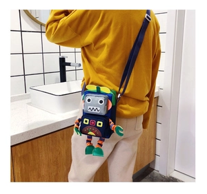 Vue arrière du sac à bandoulière robot bleu marine avec détails colorés et sangle