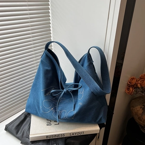 Women Denim Canvas Tote Bag With Bow Knot And Rhinestone Letters Large Capacity Casual Daily Shoulder Bag