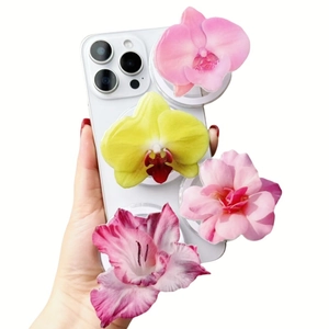 Floral acrylic Magsafe magnetic phone grip set with 3D orchid patterns for desk support