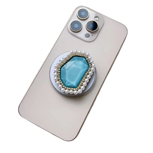 Magnetic MagSafe phone socket with luxury blue faux crystal, pearls and rhinestones