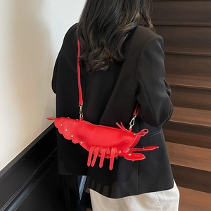 Creative red lobster-shaped shoulder bag in glossy PU leather with gold hardware