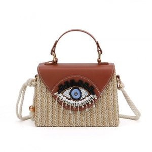 Evil Eye Straw Crossbody Bag Women Woven Shoulder Handbag With PU Leather Flap Bead Tassel Embroidery Summer Beach Vacation