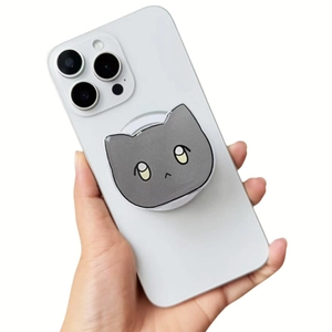 Close-up of cute grey cartoon cat magnetic pop socket phone holder on a white case