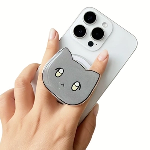 Cute gray cat acrylic magnetic phone socket holder with collapsible grip shown in hand