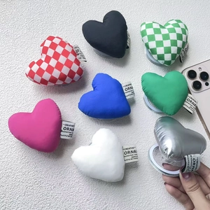 Puffy fabric heart magnetic phone grip stand in checkered and solid colors for desk use