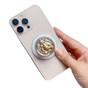 Luxury metallic teddy bear folding phone grip stand with gold-plated relief effect