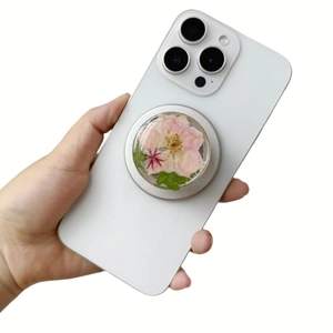 Silver plated magnetic phone grip holder featuring real pink flowers and resin inlay