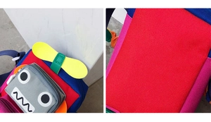 Détail de la texture en toile et poche robot mignonne sur le sac pour enfants