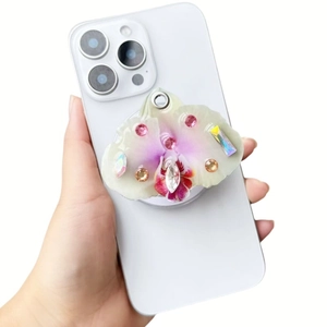 Magnetic orchid phone grip with sparkling rhinestones and gradient purple green petals