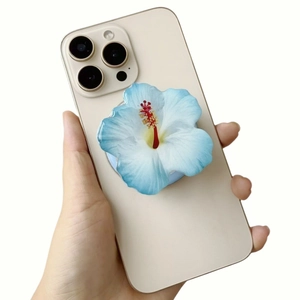 Detail of detachable blue floral acrylic magnetic phone stand with long red pistil feature