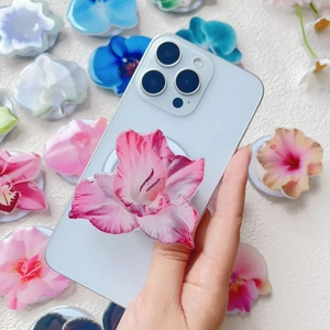 Pink orchid acrylic magnetic phone grip holder on white smartphone, multi-color floral series
