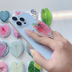 Caladium leaf pattern folding phone grip made of acrylic with a transparent base