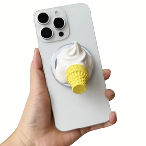 Creative 3D resin ice cream cone phone grip and stand attached to a smartphone