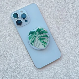 Macro detail of the Monstera Deliciosa Albo leaf pattern on a folding phone socket