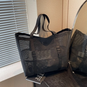 Large black mesh beach tote bag with reinforced straps for summer vacation and gym