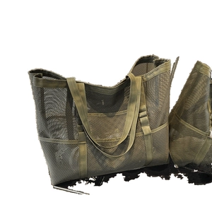 Olive green mesh beach tote bag with large capacity and durable webbing handles