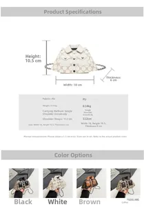 Size chart showing PU chain crossbody bag dimensions 18x10.5x6cm with color options