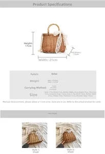 Size chart showing dimensions for a straw beach bag with pearl chain and lace details