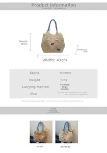 Detailed view of woven straw tote bag featuring colorful embroidered bows and rope handles
