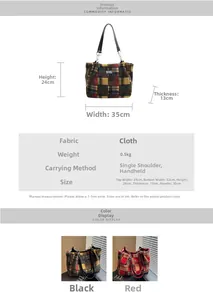 Detailed size chart and specifications for large checkered tote bag with chain strap