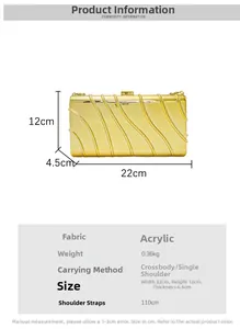 Detailed size specifications for the gold acrylic wave clutch bag with chain strap