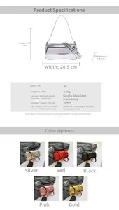 Detail view of glossy patent leather shoulder bag with dimensions and multi-color options
