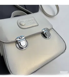 Gros plan d'un sac carré en cuir blanc avec doubles boucles argentées et logo embossé