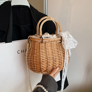 Woven Straw Crossbody Bag With Artificial Pearl Strap And Lace Bow Vintage Sweet Beach Vacation Handwoven Shoulder Purse For Women