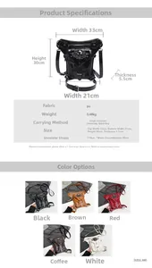 Detailed specs of steampunk waist leg bag with metal skull studs in five colors