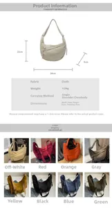 Detailed size specifications for canvas crescent bag featuring adjustable strap and 8 colors
