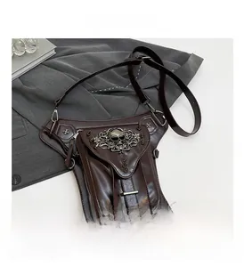 Steampunk thigh bag detail with metallic skull motif and dark brown leather texture