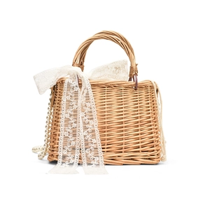 Vintage straw woven crossbody bag with cream lace bow and pearl beads for women