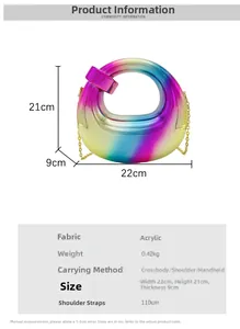 Macro view of round acrylic clutch with rainbow gradient finish and gold chain detail