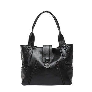Grand sac cabas noir en cuir litchi avec boucle fleurie argentée et clous latéraux