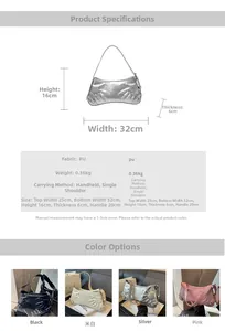Infographic showing dimensions and colors of a stylish PU leather baguette handbag