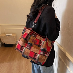 Contrast color large capacity plaid tote bag with red leather straps for women