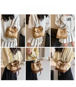 Straw bucket bag detail with leather trim and drawstring closure in various beach styles