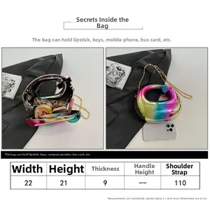 Sizing guide for gradient acrylic evening clutch bag with chain strap and dimensions