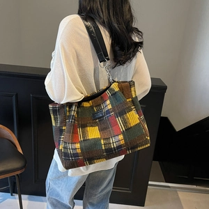 Retro plaid tote bag with colorful wool fabric and shiny black leather shoulder strap