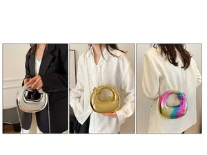 Three metallic acrylic clutch bags shown in handheld, shoulder, and crossbody styles