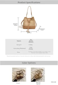 Size chart showing brown and apricot straw bucket bag dimensions and strap length