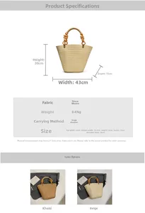 Detailed dimensions of the woven straw tote bag with beaded wooden handles and khaki color