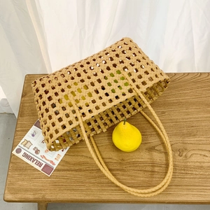 Woven Tote Bag Hollow Out Handheld Basket Shoulder Bag Casual Beach Vacation Fashionable For Women
