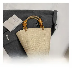 Detailed close-up of straw woven tote bag texture with yellow wooden bead handles