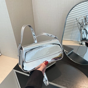 Mirror Metallic PU Leather Baguette Shoulder Bag Women Glossy Patent Underarm Bag Fashion Trendy Minimalist Flap Purse
