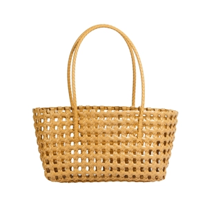 Minimalist woven leather tote bag in tan featuring classic geometric Intrecciato pattern