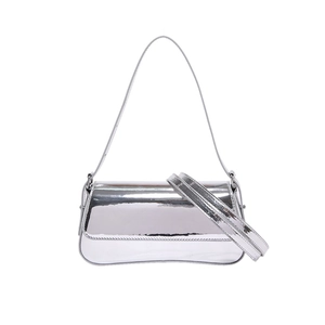 Glossy silver patent leather baguette bag with flap cover and matching shoulder strap