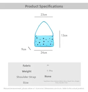 Blue PU leather underarm bag size specs 24x13x9cm with metallic eyelets detail