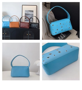 Collage of four textured leather shoulder bags with silver grommets in various colors